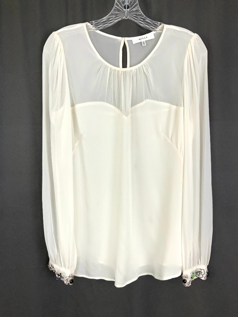 Milly of New York Silk Cream Blouse Sheer Shiffon Illusion Romantic Sz 6
